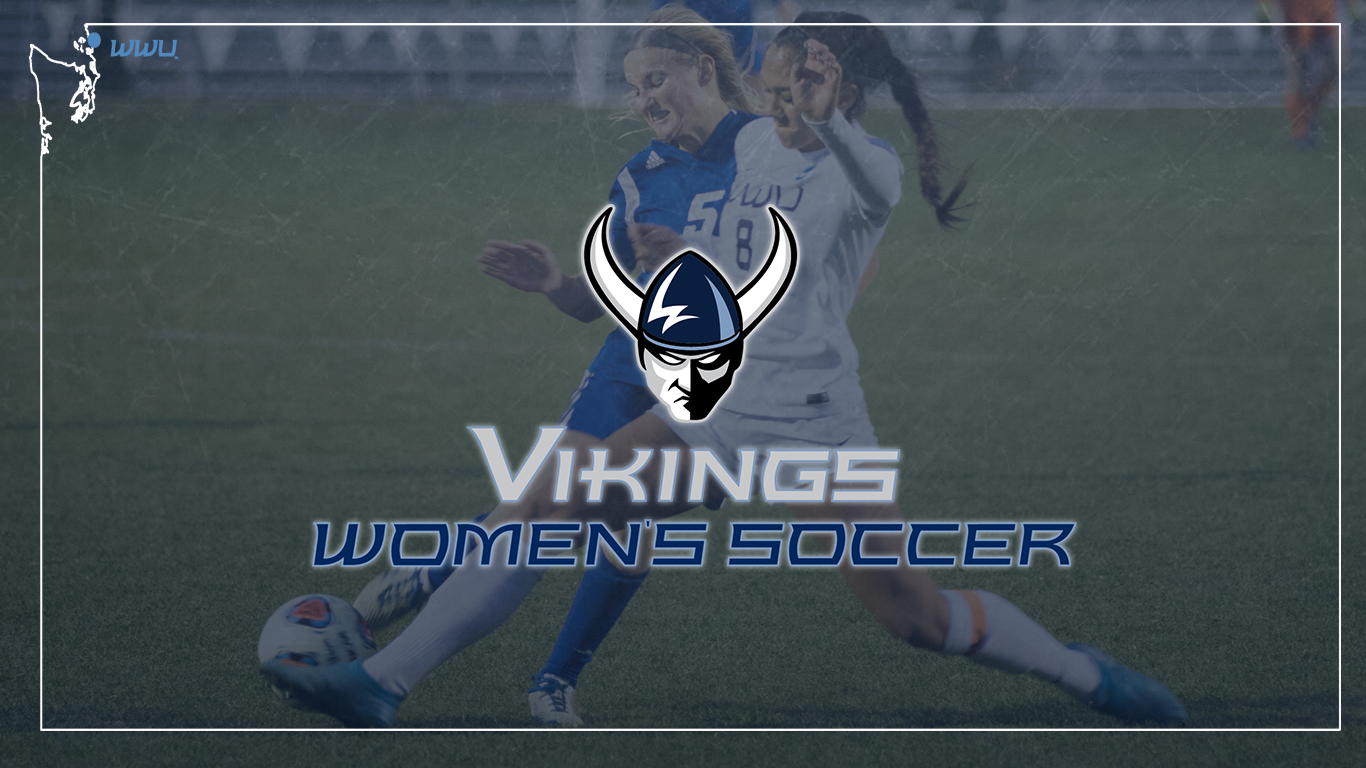 Two women's soccer players going after a soccer ball  with the WWU Athletics Viking logo superimposed and the text "Vikings Women's Soccer"