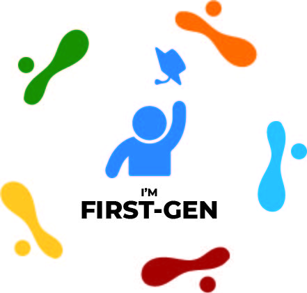 First Gen Logo with blue person and content "I'm First-Gen" in the center with green, orange, blue, teal, and yellow footprints sulrrounding it.