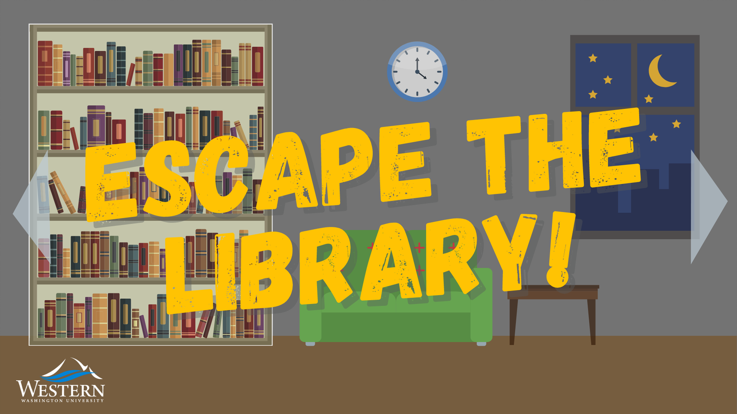 Ad for escape the library with a living room and a bookshelf 