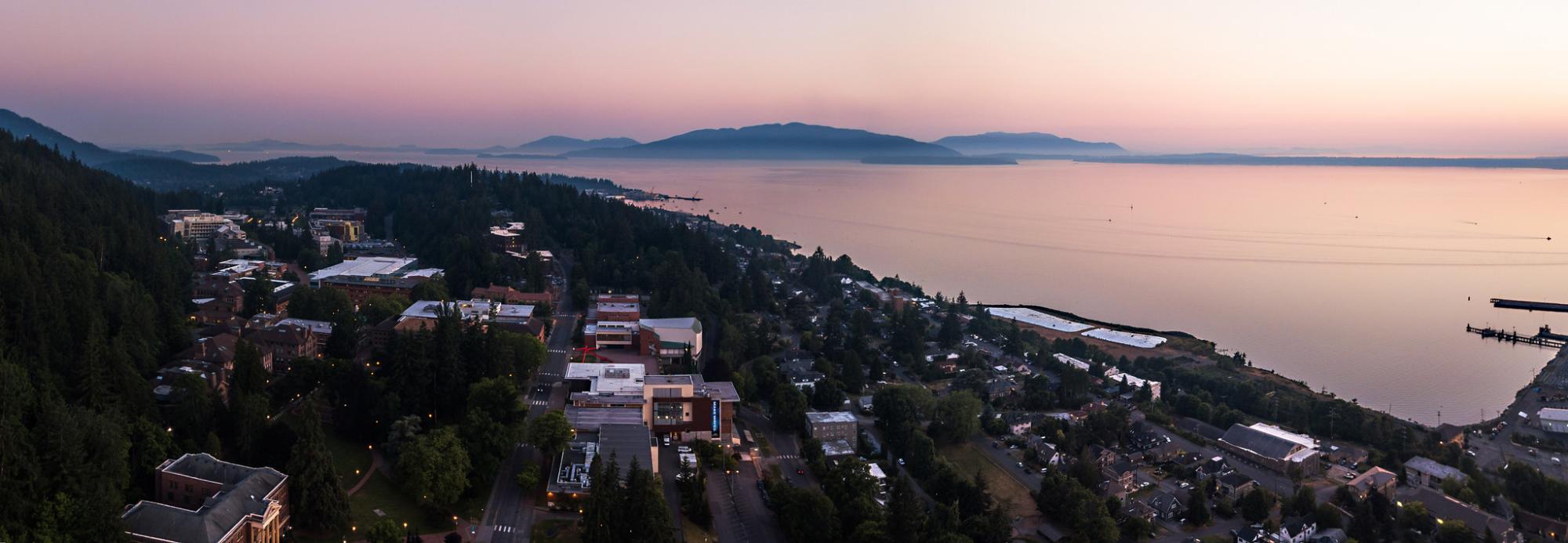 Panorama of Western Washington Univiersity and Bellingham Bay at sunset