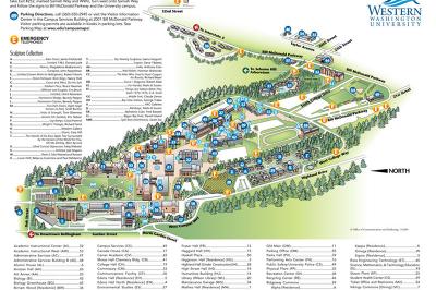 WWU campus map with names of building and outdoor sculptures documented with a number/letter system