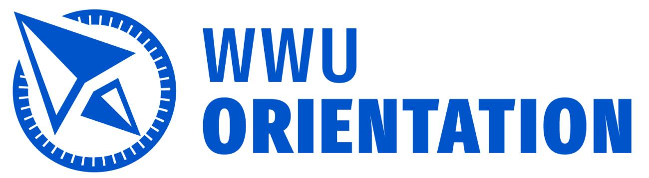 A large and small blue and white arrow in a blue circle making a compass shape next to the words WWU Orientation in blue letters on a white background