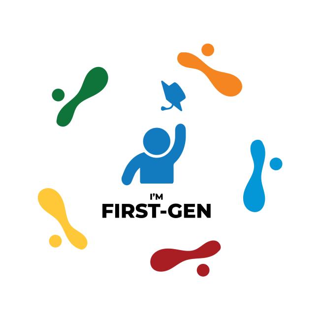 First-Gen Logo blue graphic person throwing graduation cap in air with different primary color foot-prints circling the person in the center.