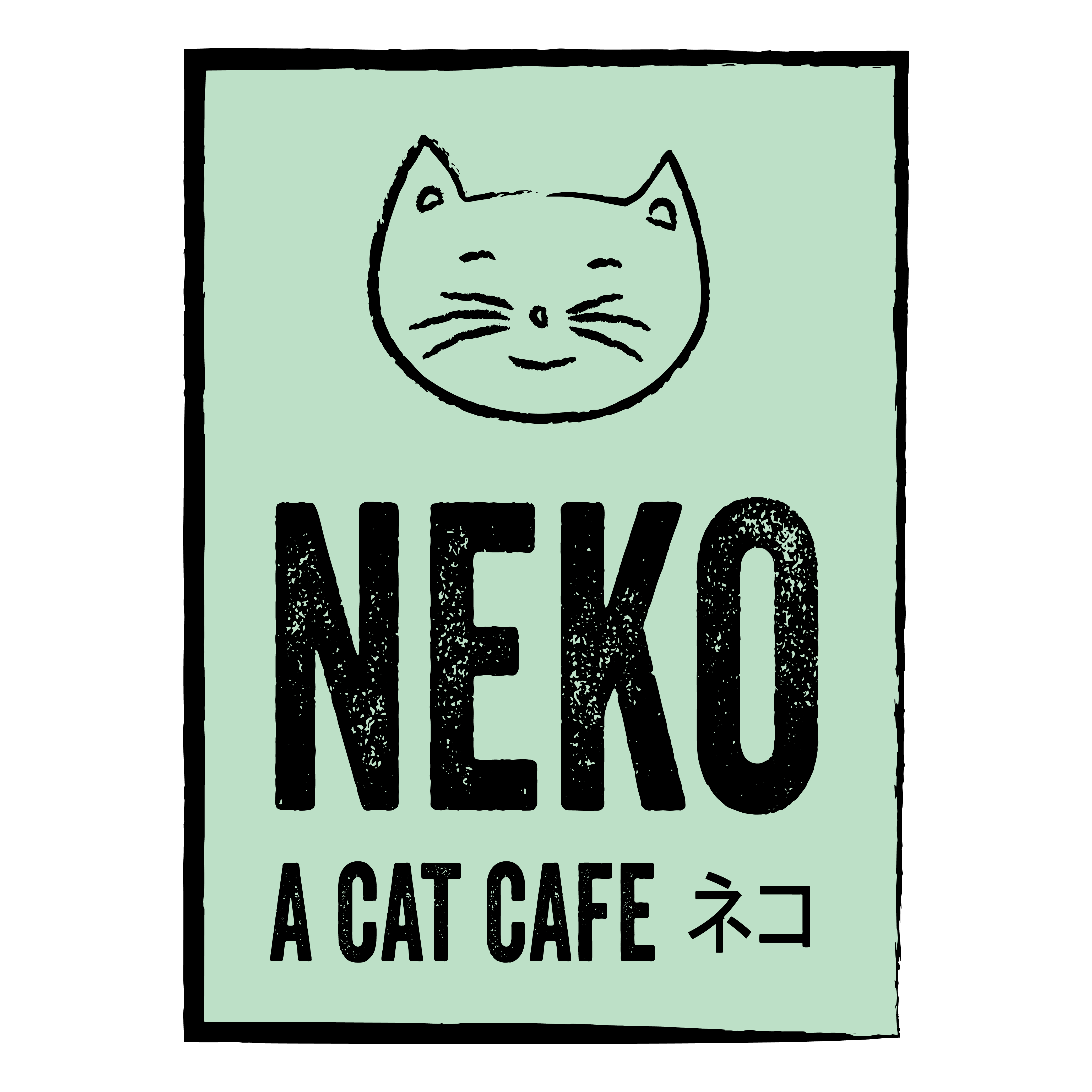 Neko: A Cat Cafe logo in black text on a light green background with a cute pencil sketch of a cat face