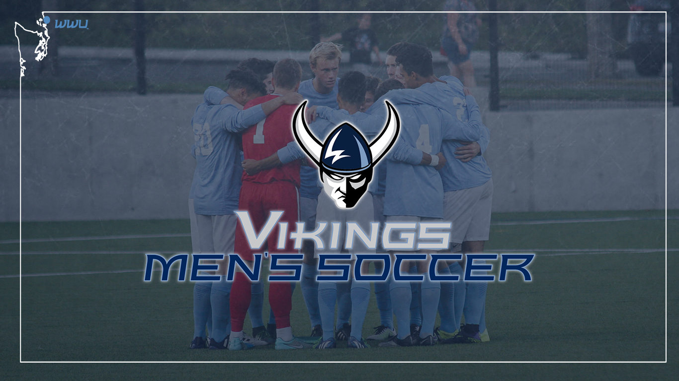 Soccer players in a huddle with the WWU Athletics viking logo superimposed and the text "Vikings Men's Soccer"