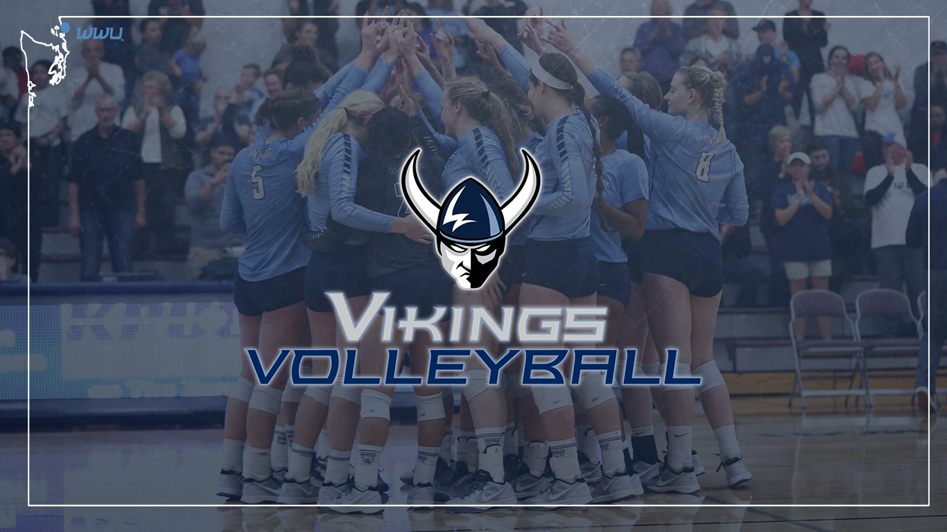 WWU volleyball players bringing their hands in with the WWU Athletics Viking logo and text that reads "Vikings Volleyball"