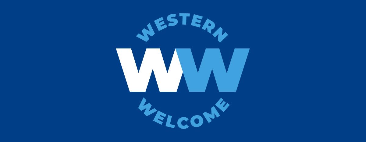 A dark blue banner with 2 white and light blue Ws together and Western Welcome in light blue letters surrounding